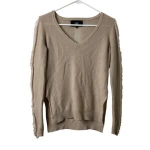LINE Cashmere Sweater XS Distressed Pullover V Neck Cream Beige Side Slits